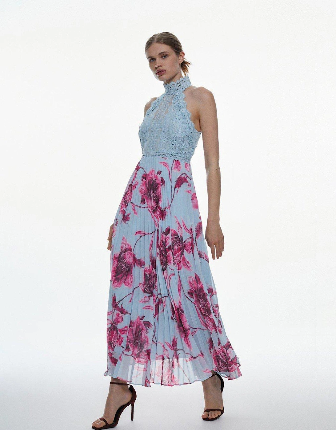 Lace Floral Pleated Midi Dress - Blue