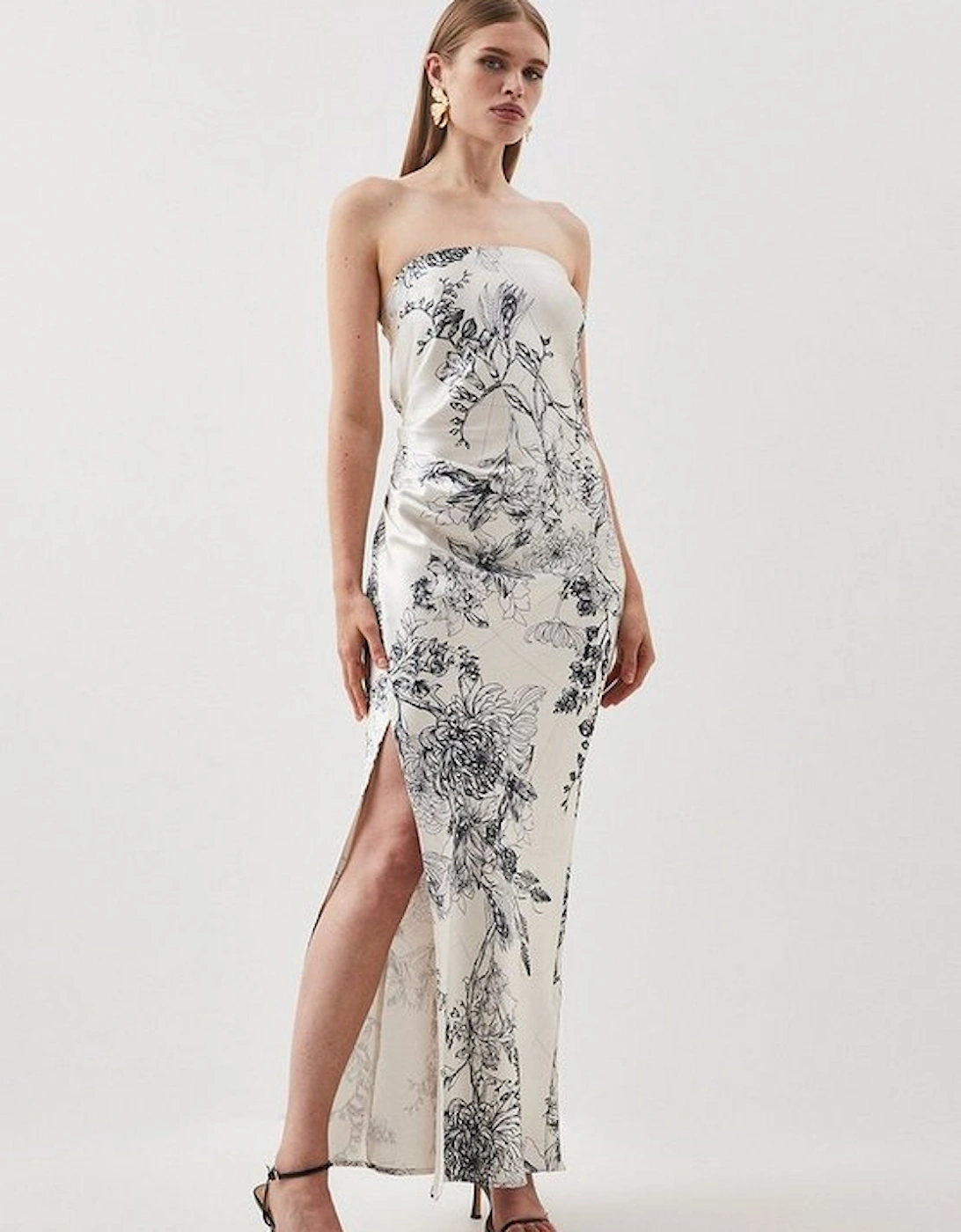 Floral Strapless Premium Satin Panelled Woven Midaxi Dress, 5 of 4