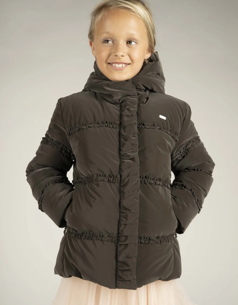 Khaki Brown Ruffle Puffer Coat