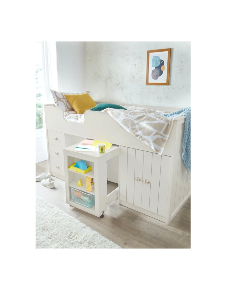 Atlanta Mid Sleeper Bed with Storage and Pull Out Desk - White