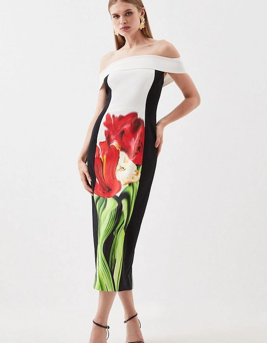 Italian Signature Stretch Bardot Blurred Floral Print Midi Dress, 5 of 4