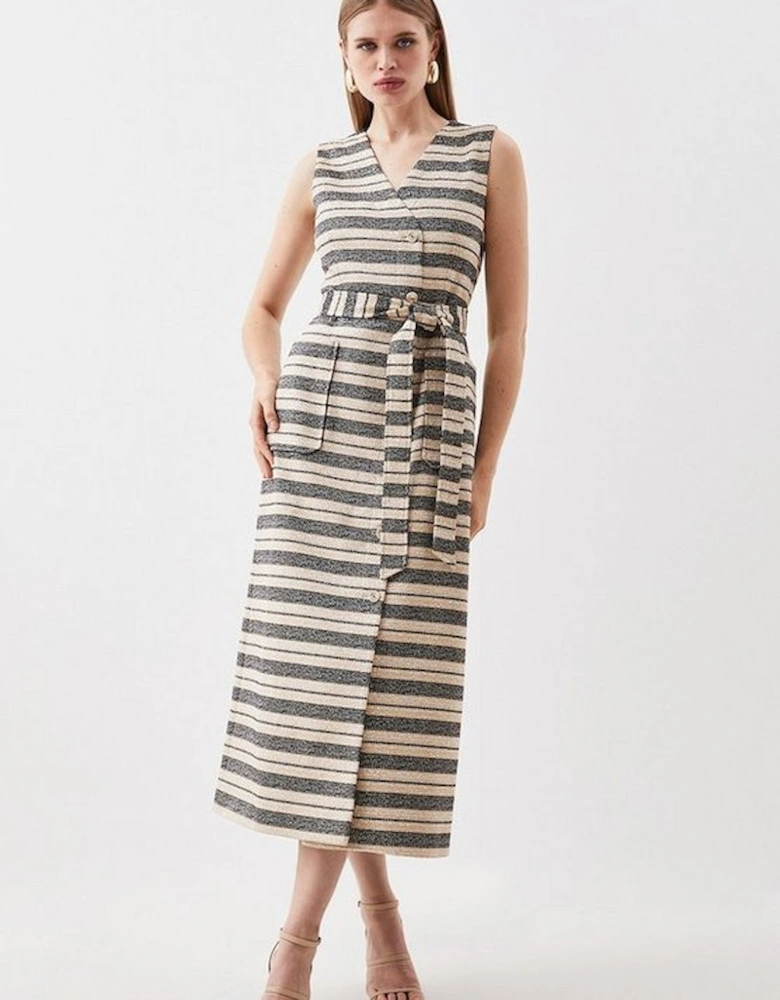 Tailored Striped Tweed Belted Sleeveless Midi Dress