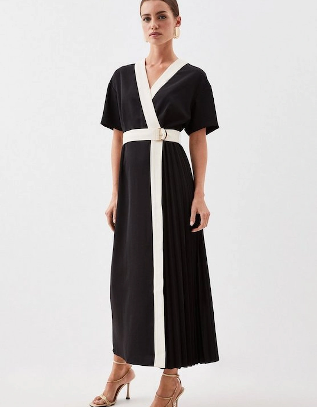 Petite Contrast Twill Button Detail Belted Midi Dress, 5 of 4