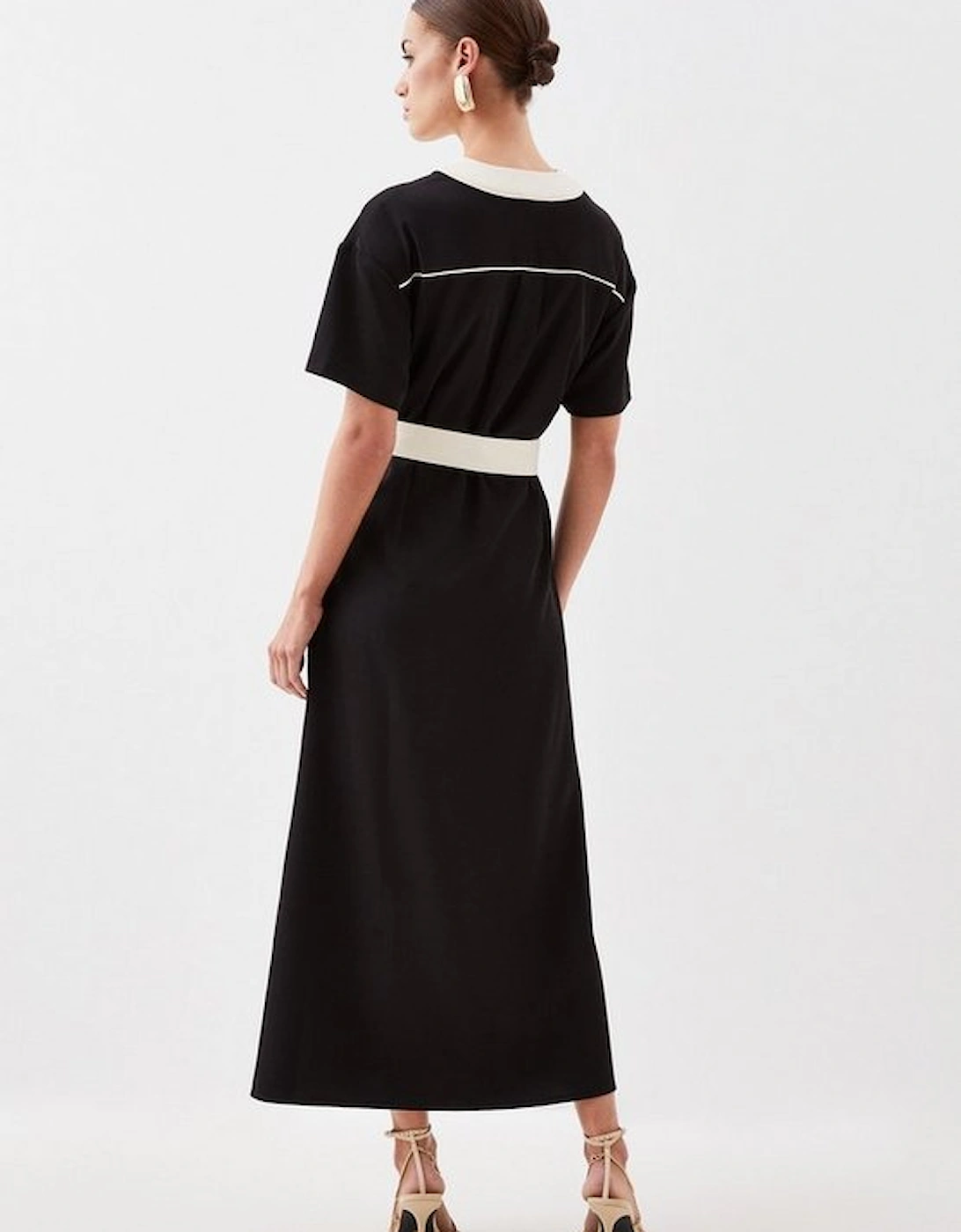 Petite Contrast Twill Button Detail Belted Midi Dress