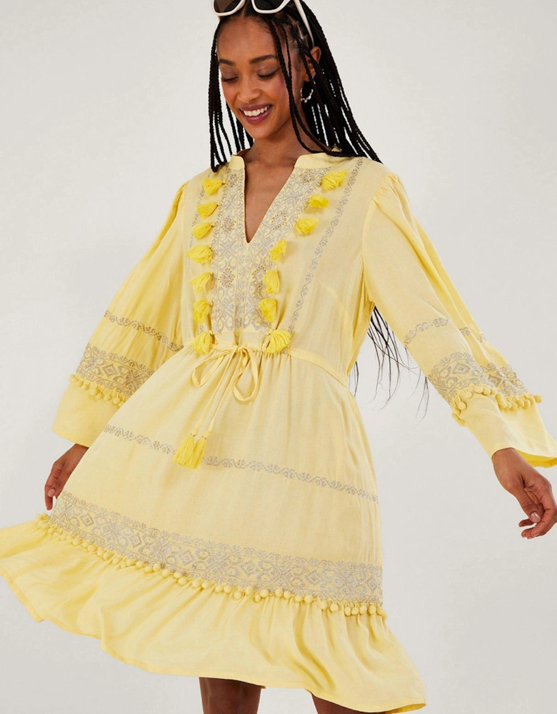 Embroidered And Pom Kaftan Dress - Yellow