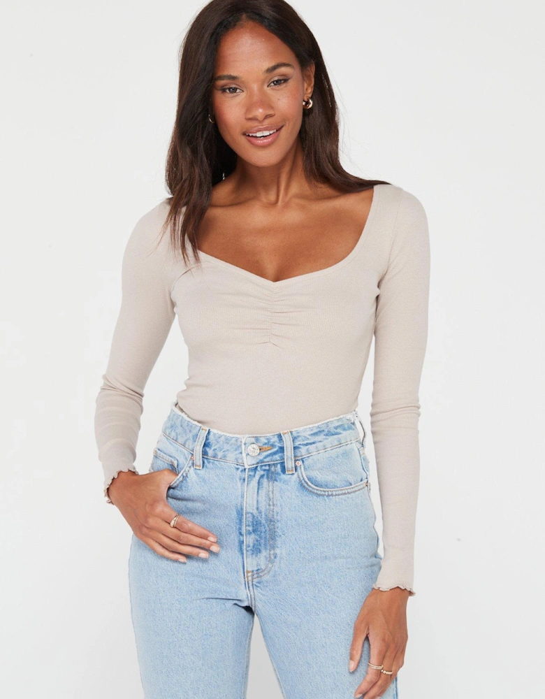 Ruched Front Long Sleeve Rib Top - Nude