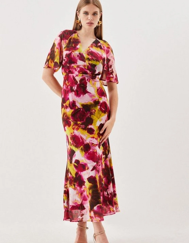 Tall Abstract Print Pleated Wide Sleeve Maxi Dress
