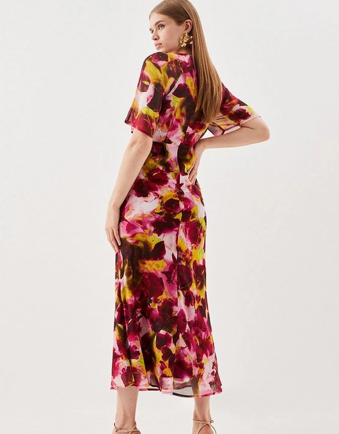 Petite Abstract Print Pleated Wide Sleeve Maxi Dress