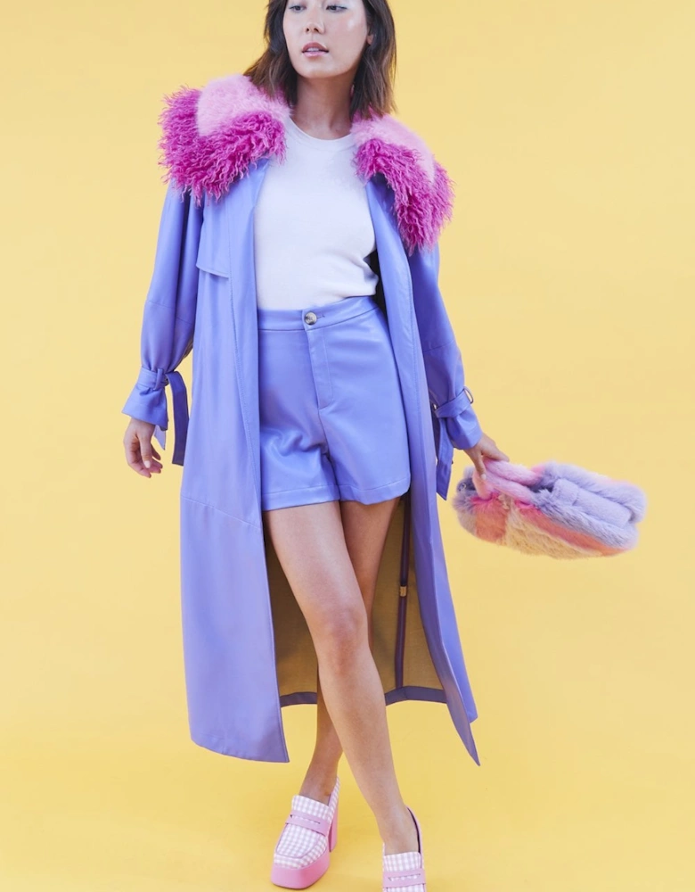 Purple Eco Leather Faux Fur Collar Trench Coat