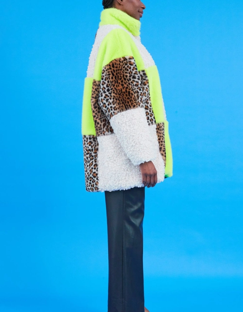 Midi Checkered Leopard Print and Shearling Faux Fur Coat