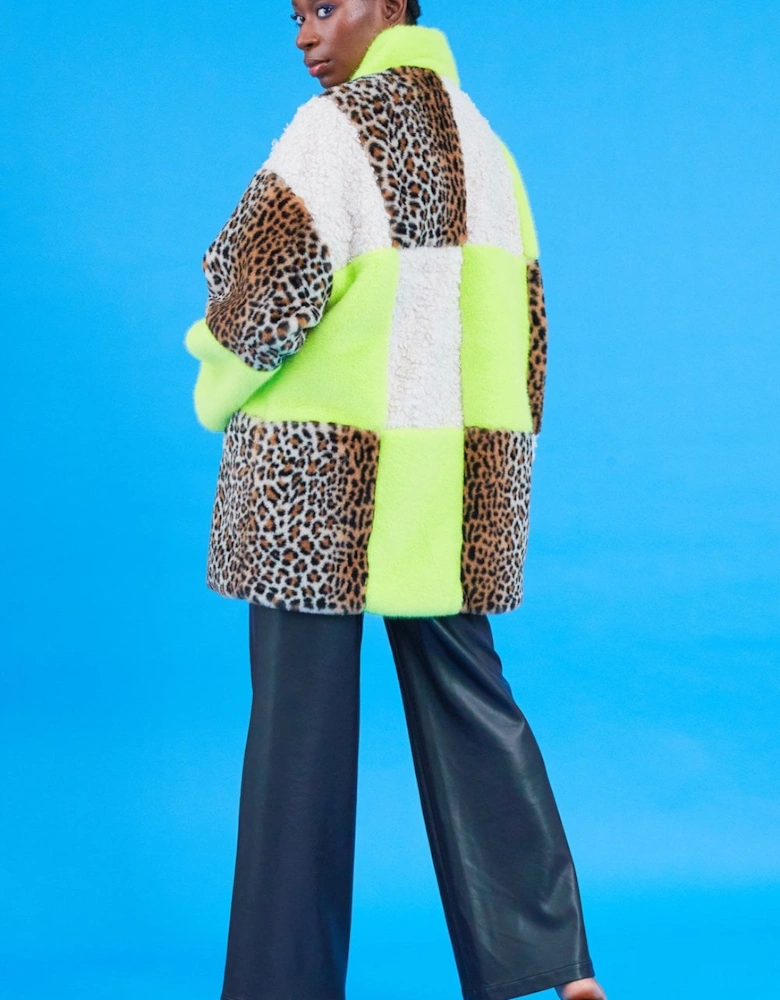 Midi Checkered Leopard Print and Shearling Faux Fur Coat