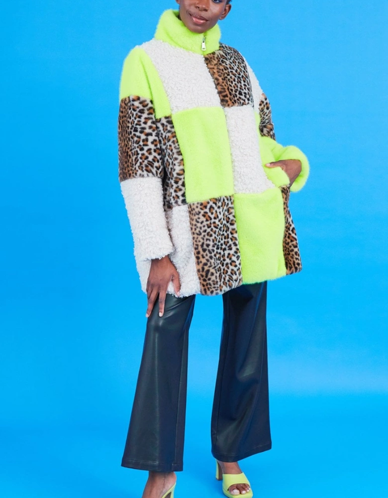 Midi Checkered Leopard Print and Shearling Faux Fur Coat