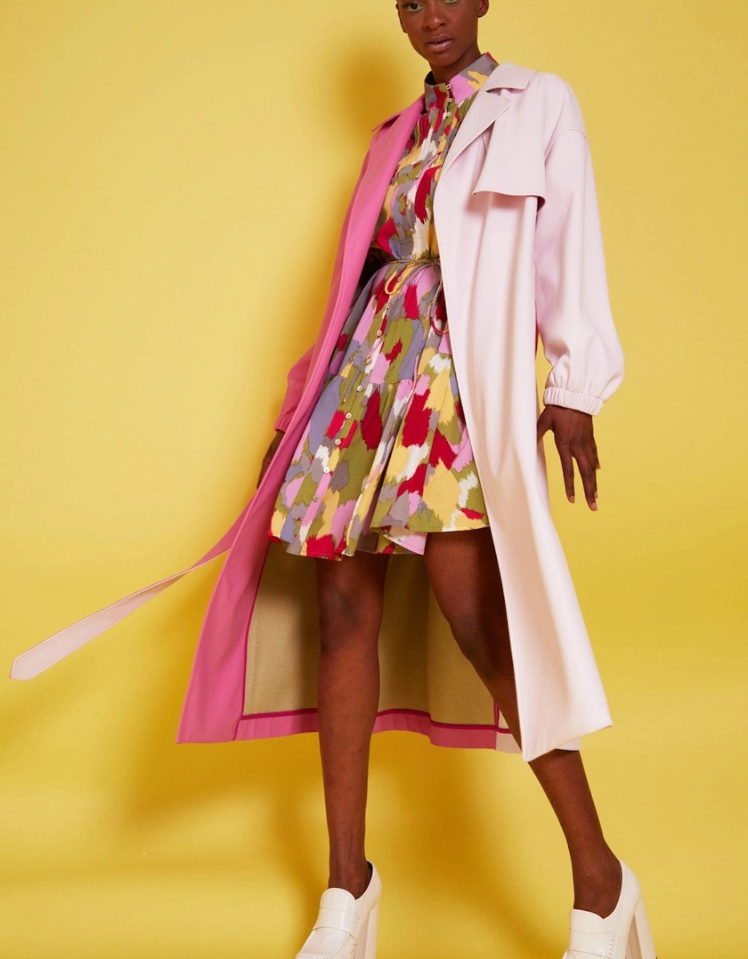 Two Tone Pink Eco Leather Trench Coat