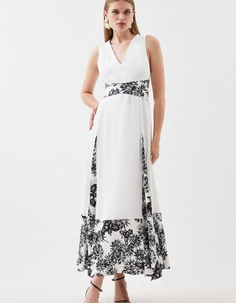 Satin Back Crepe Floral Blocking Pleated Maxi Dress