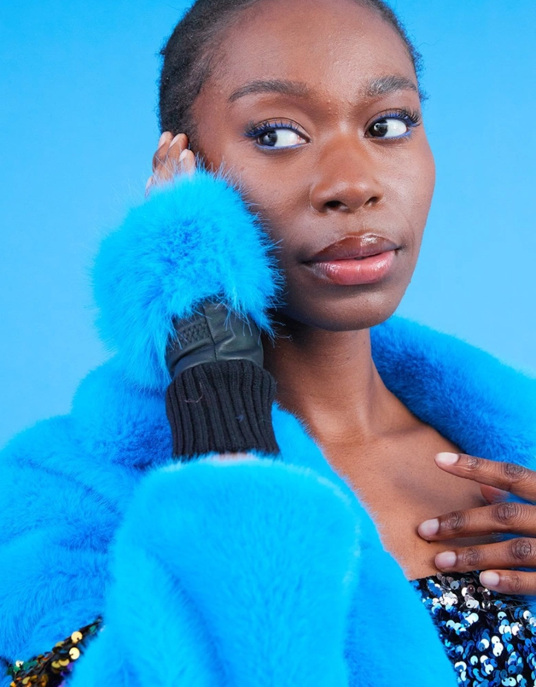 Blue Faux Fur Fingerless Gloves