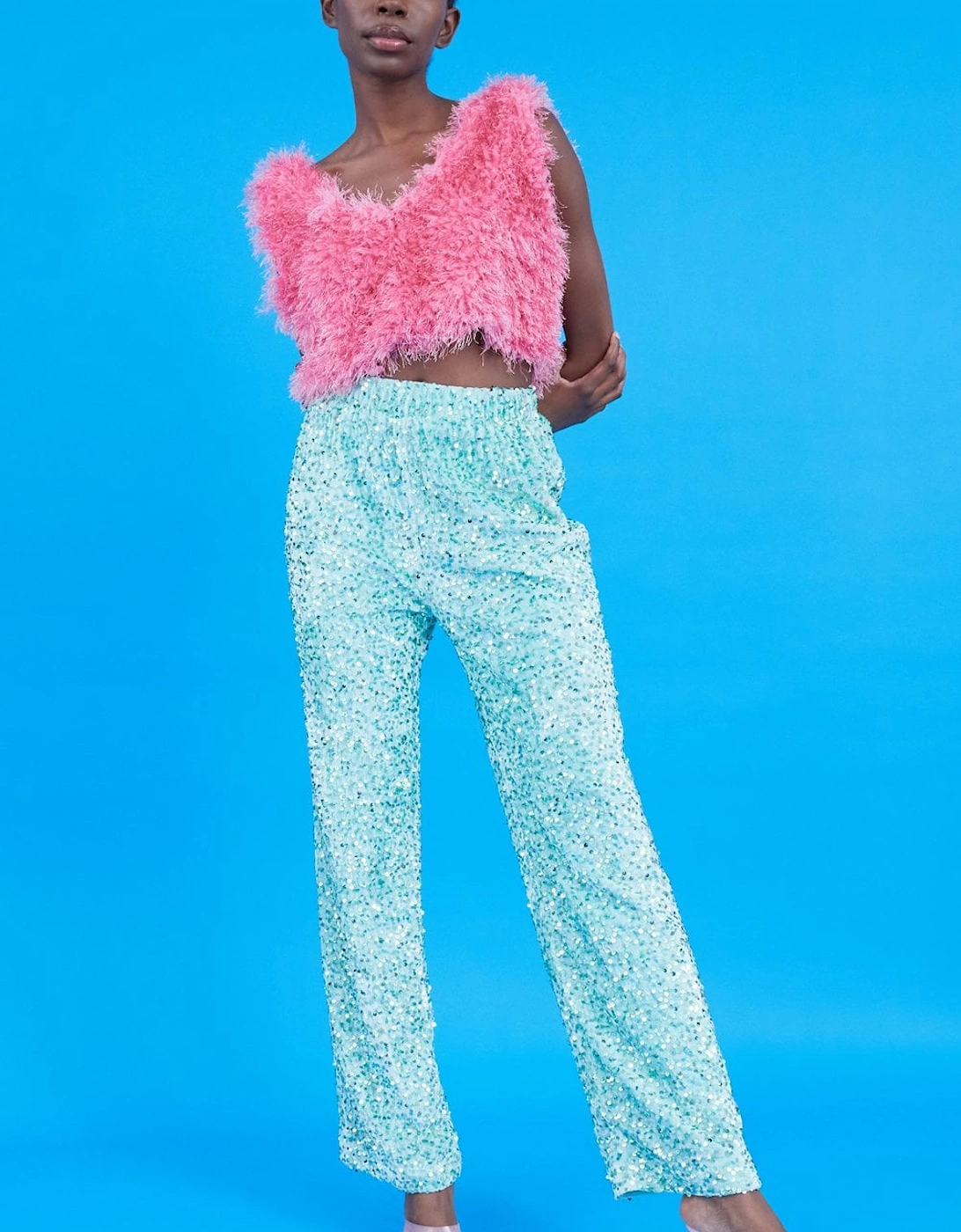 Mint Sequin Trousers with Elasticated Waste, 5 of 4