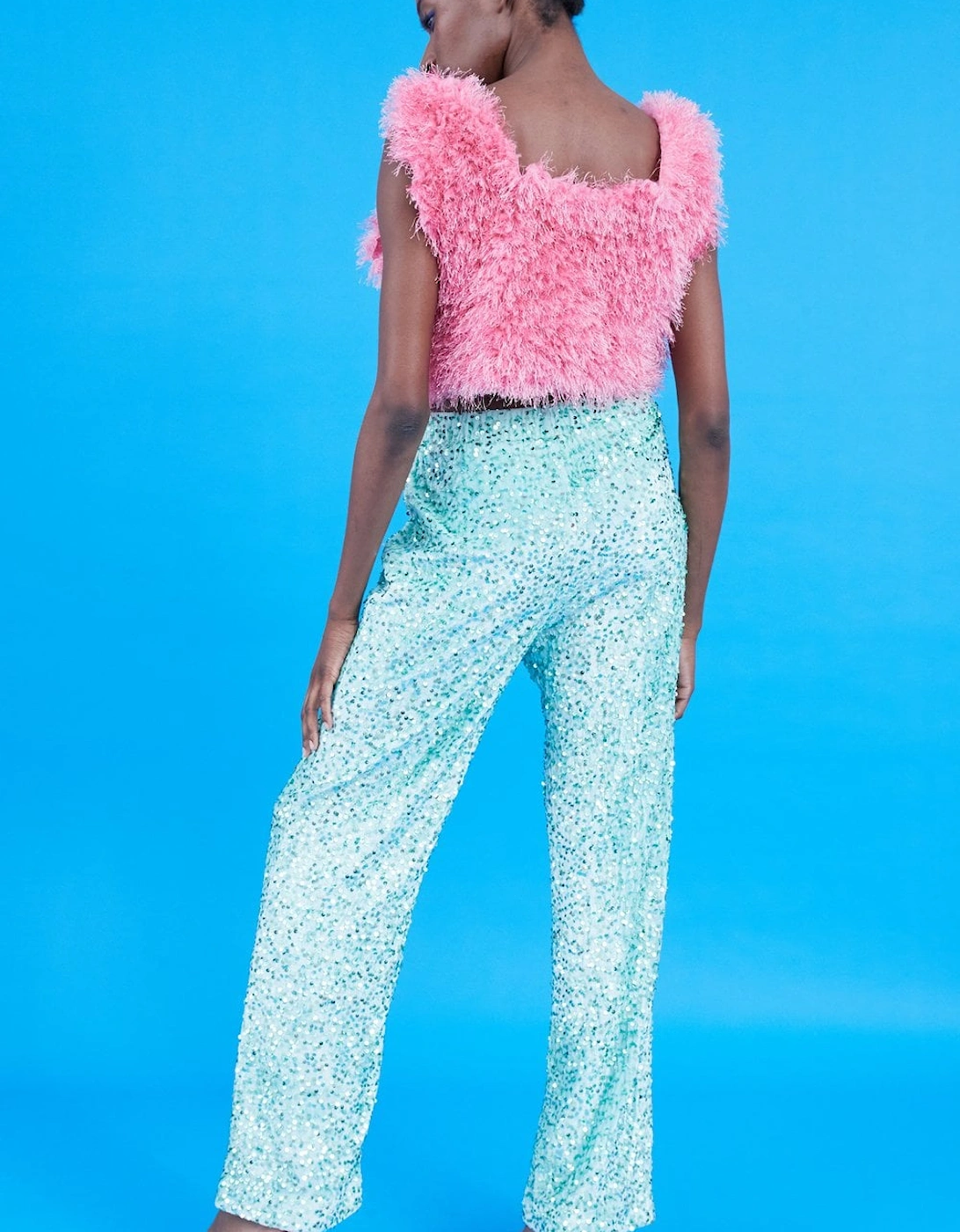 Mint Sequin Trousers with Elasticated Waste