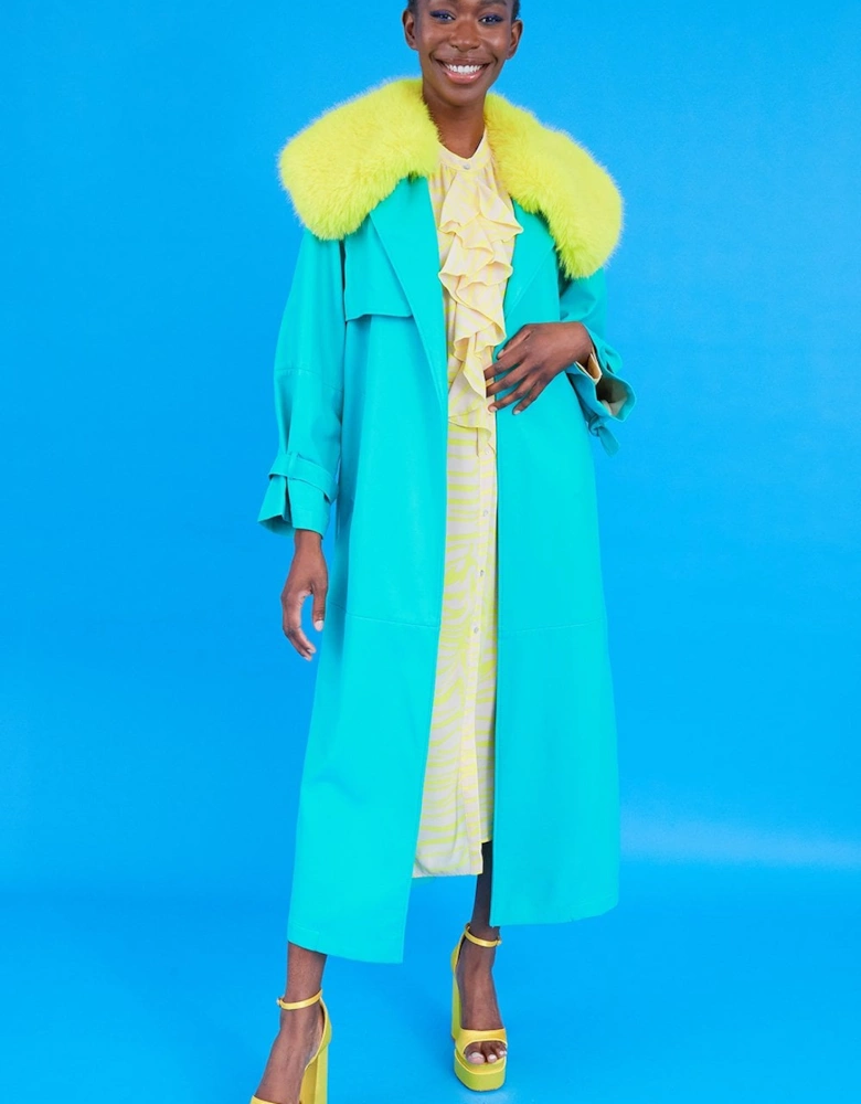 Blue Eco Leather Faux Fur Collar Trench Coat