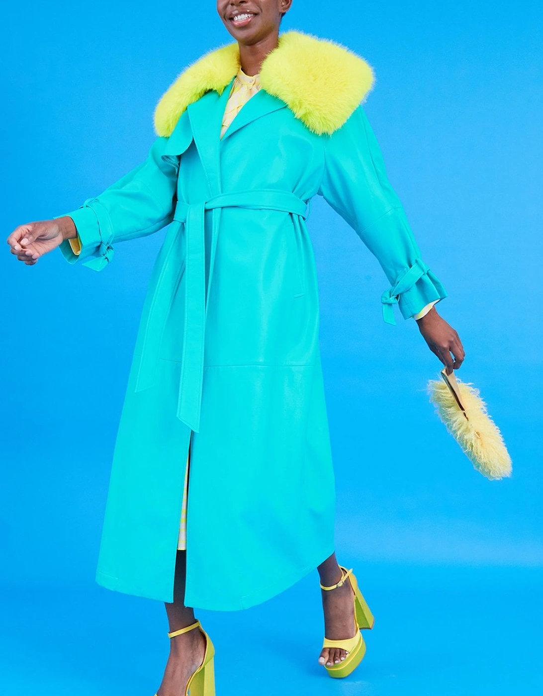 Blue Eco Leather Faux Fur Collar Trench Coat, 5 of 4