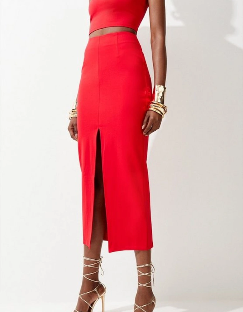 Petite Ponte Strappy Crop Top Split Front Skirt Jersey Set