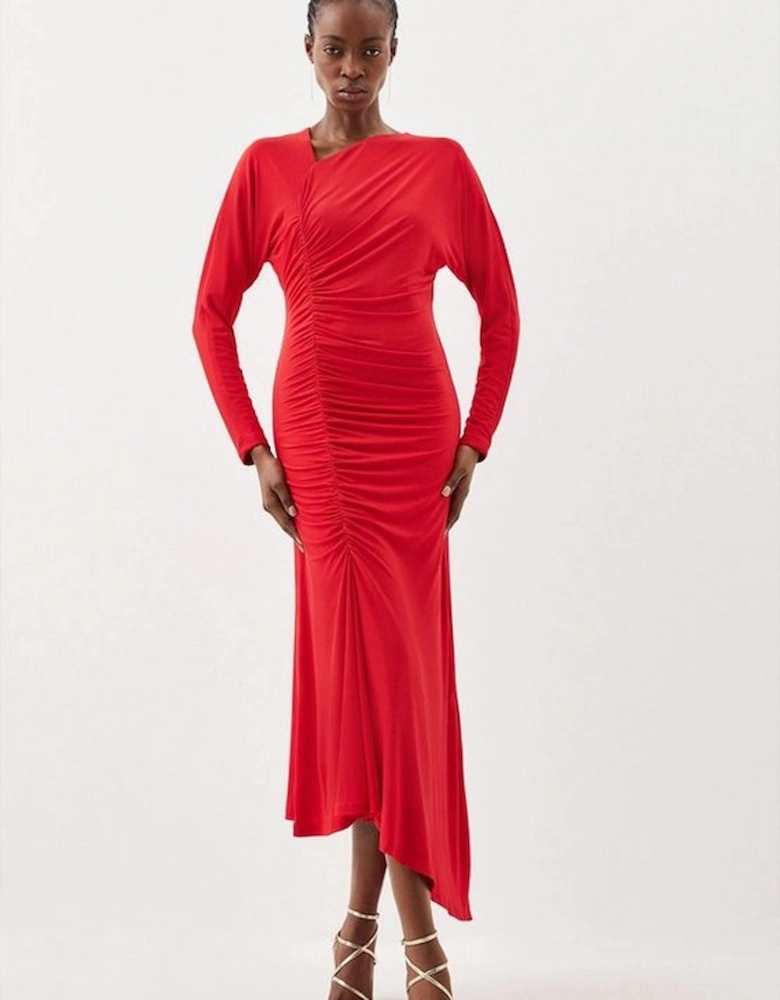 Jersey Crepe Ruched Long Sleeve Midi Dress