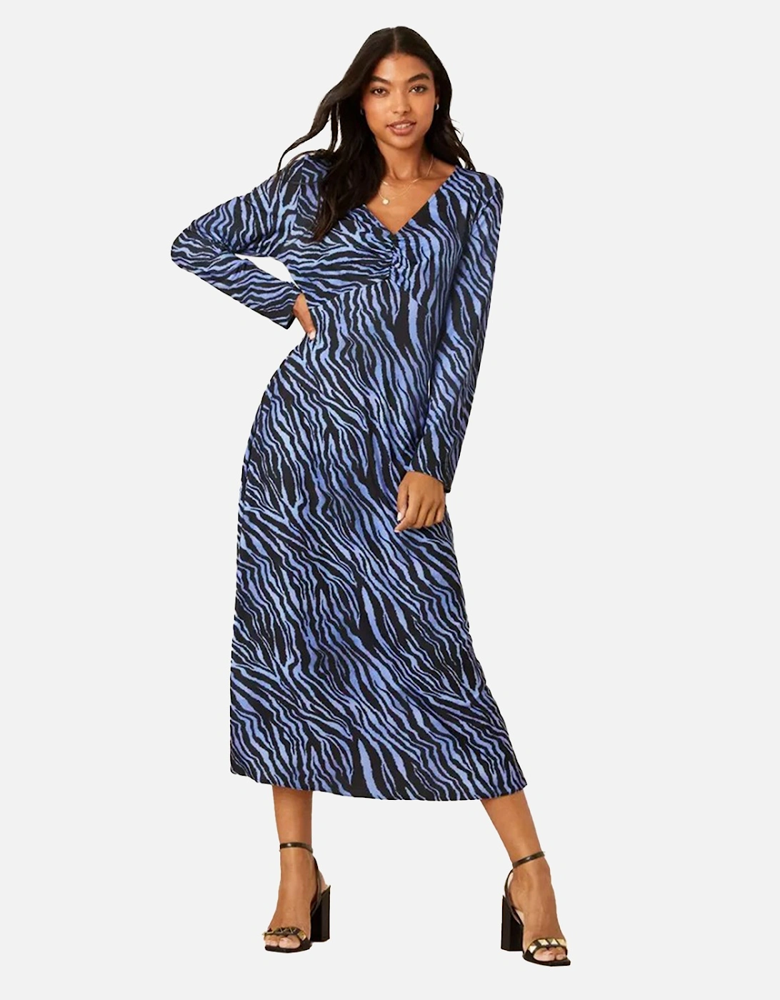 Womens/Ladies Zebra Print Ruched Front Midi Dress, 5 of 4