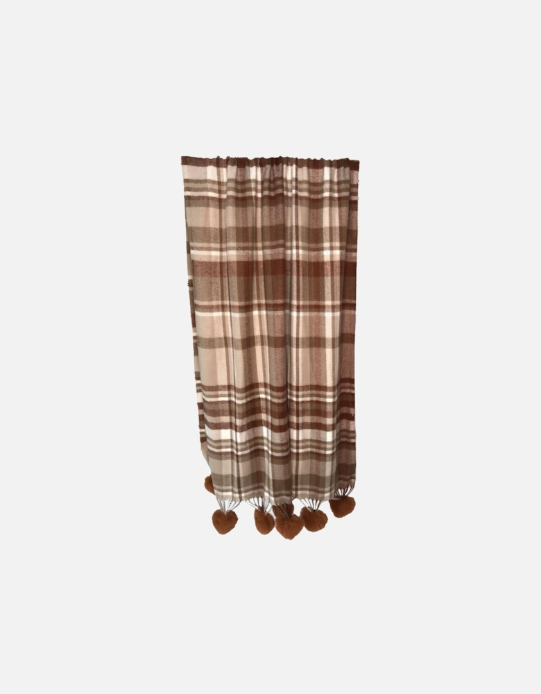 Cashmere Blend Check Wrap With Faux Fur Pom Poms