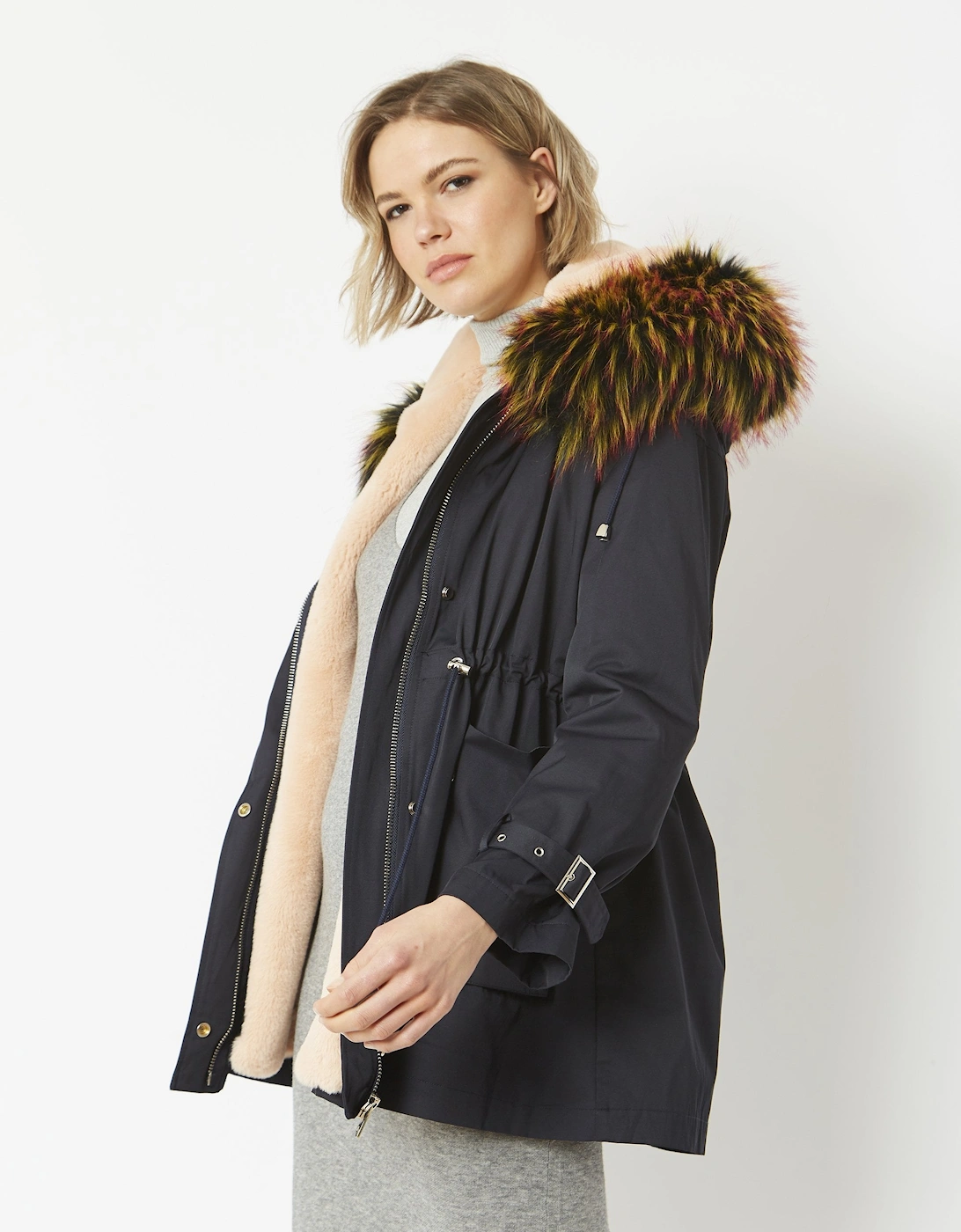 Three in One Parka Coat with Faux Fur Trim