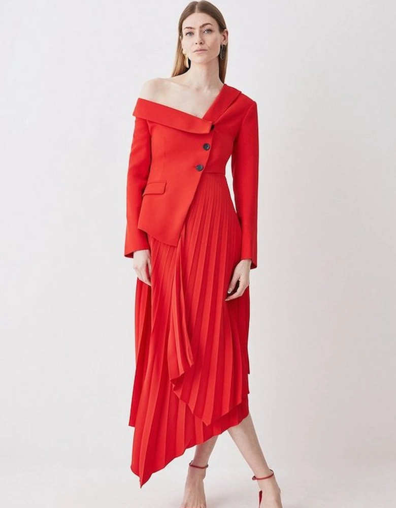 Tailored Crepe Asymmetric Pleated Midi Dress