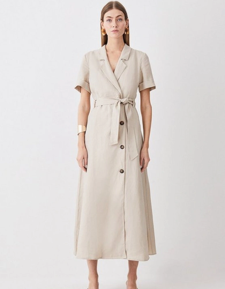 Petite Tailored Linen Belted Midi Dress