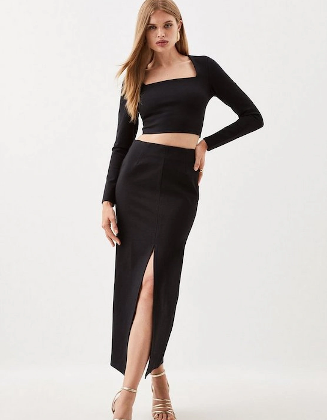 Ponte Long Sleeve Crop Top And Split Front Skirt Jersey Set, 5 of 4