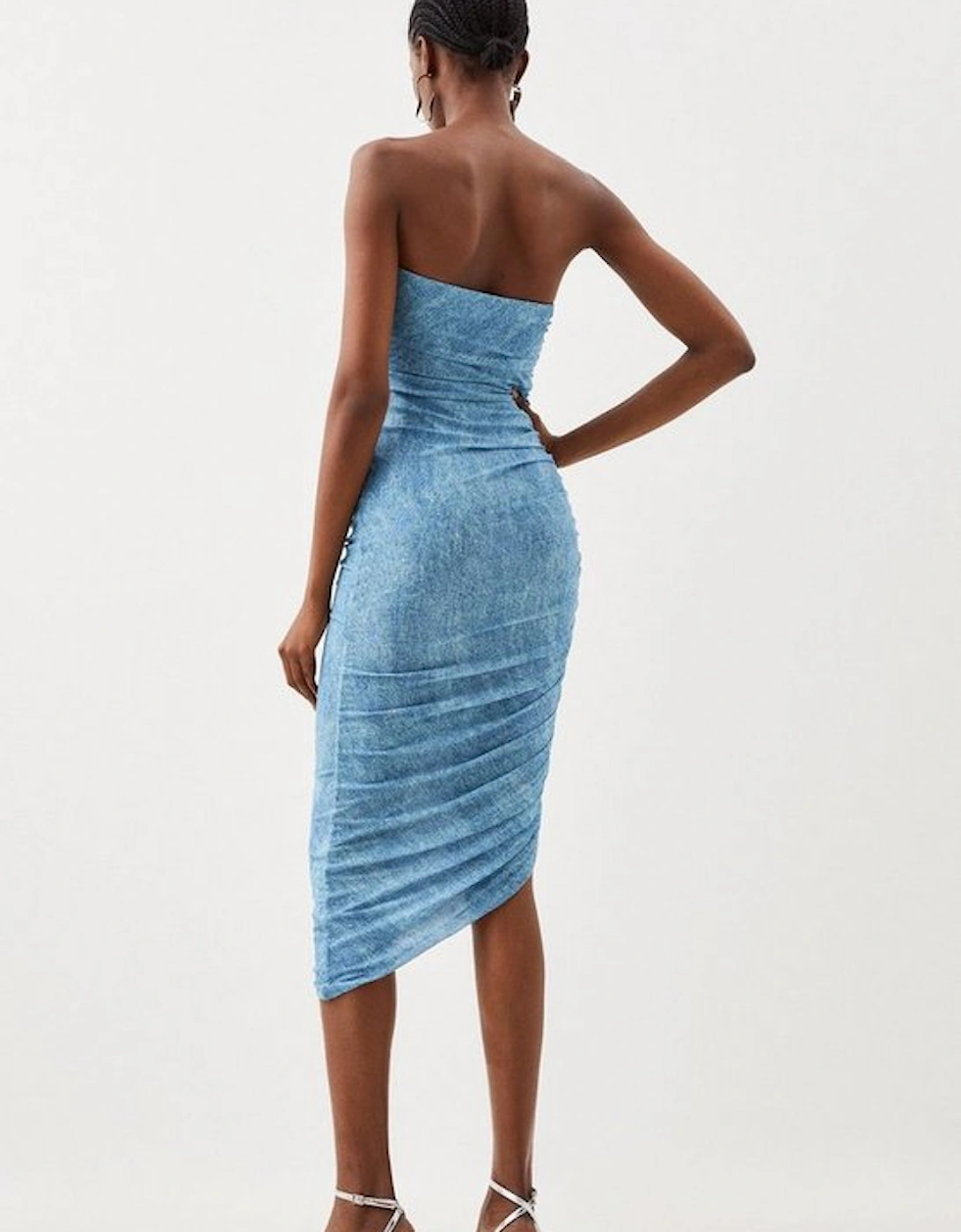 Jersey Denim Print Bandeau Midi Dress