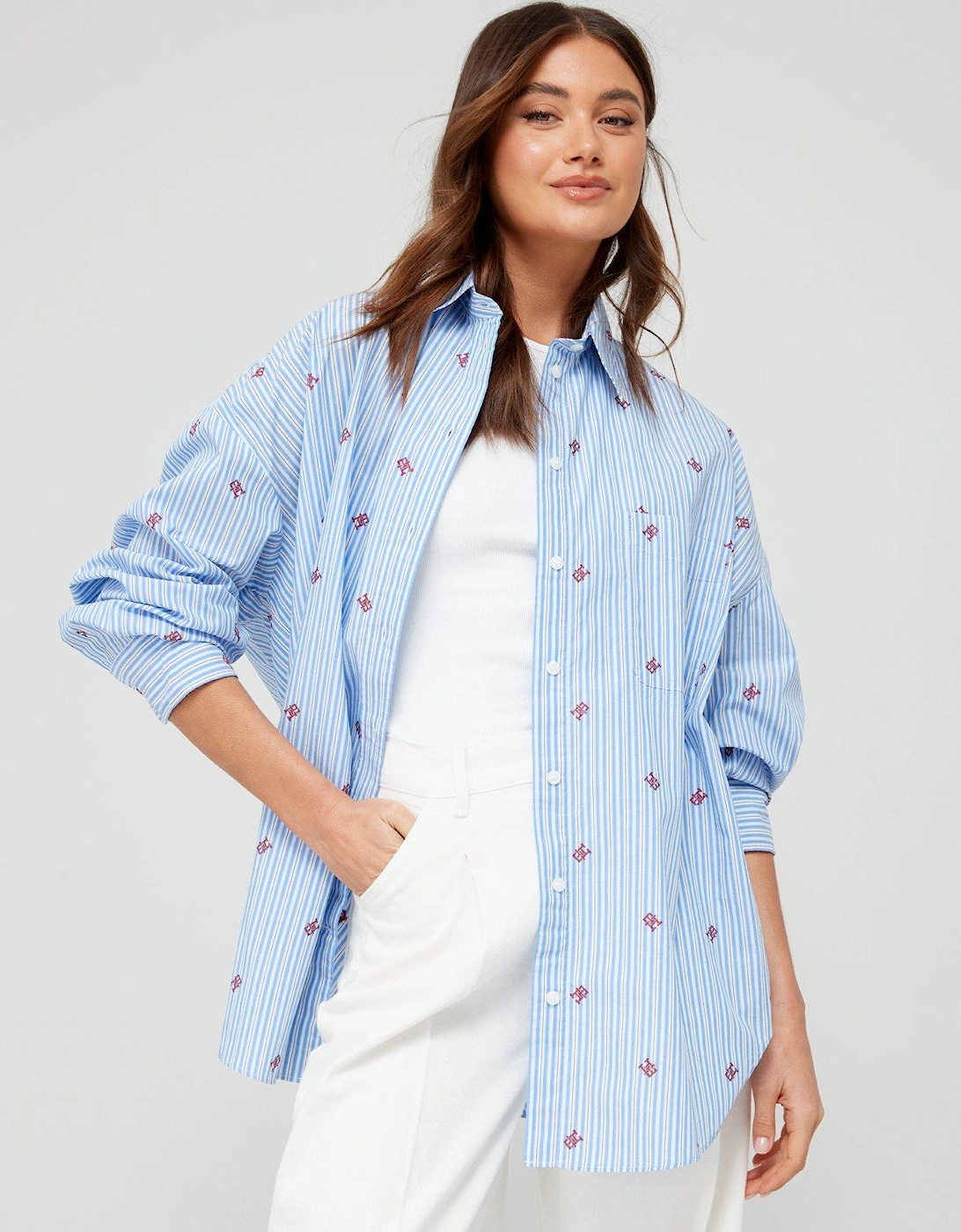 Embroidered Logo Oversized Cotton Shirt - Blue, 3 of 2