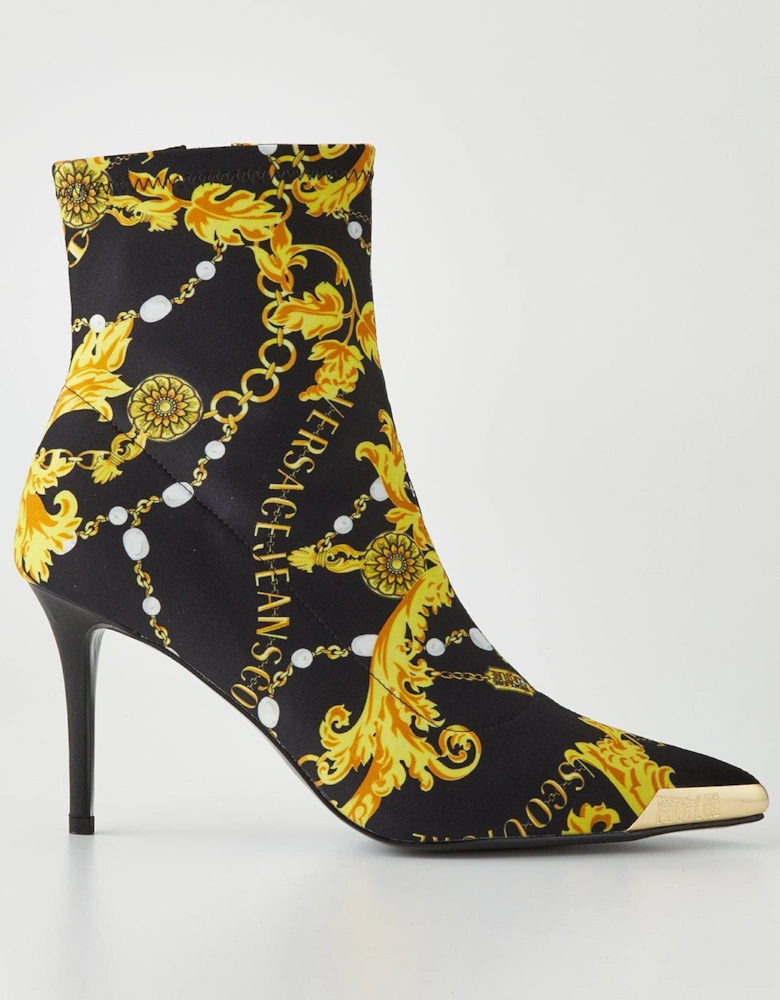 Jeans Couture Baroque Print Heeled Boots - Black/Gold