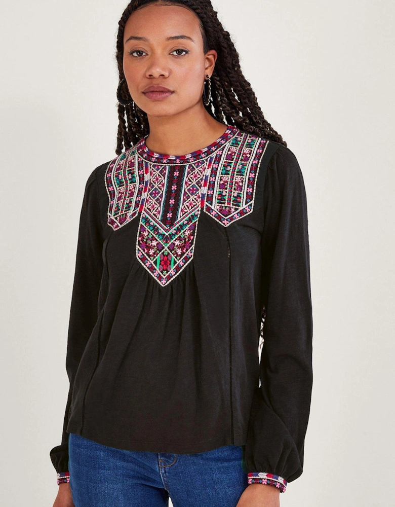 Embroidered Jersey Top - Black