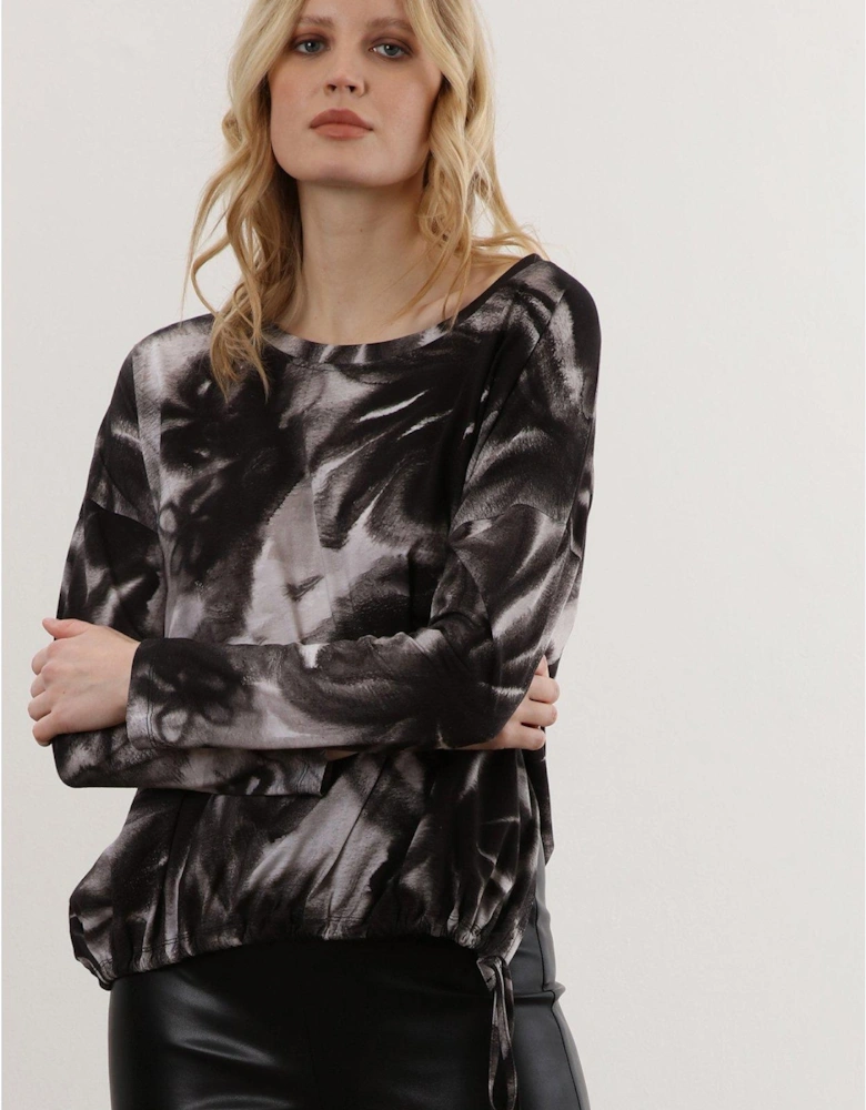 Long Sleeve Abstract Floral Jersey Top - Monochrome