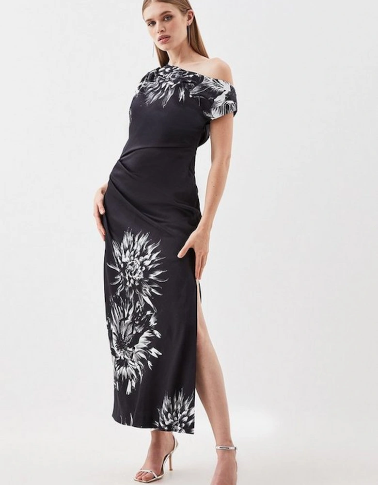 Satin Crepe Floral One Shoulder Woven Maxi Dress
