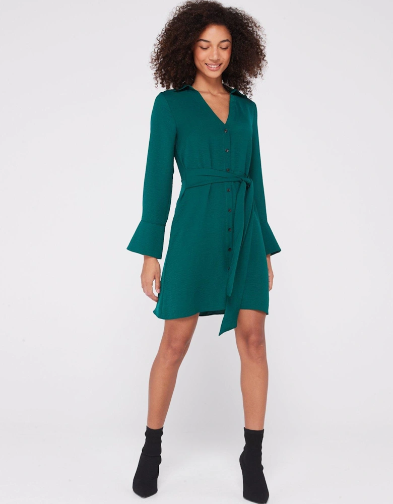Long Sleeve Mini Shirt Dress - Green