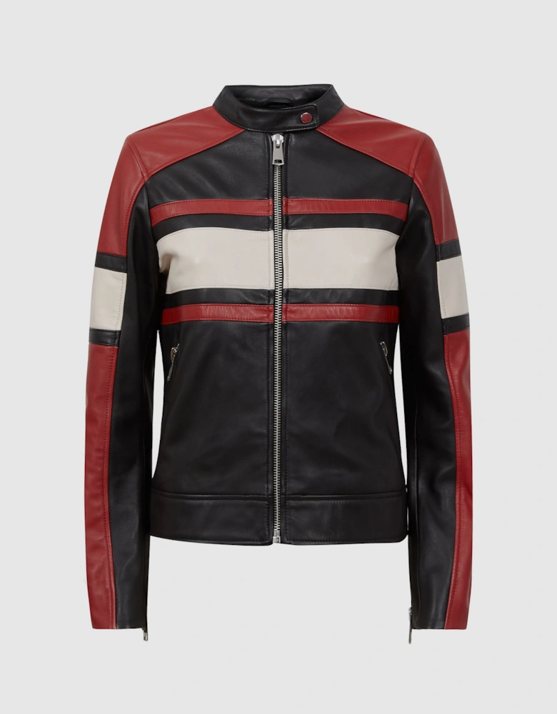 Leather Collarless Zip-Through Jacket