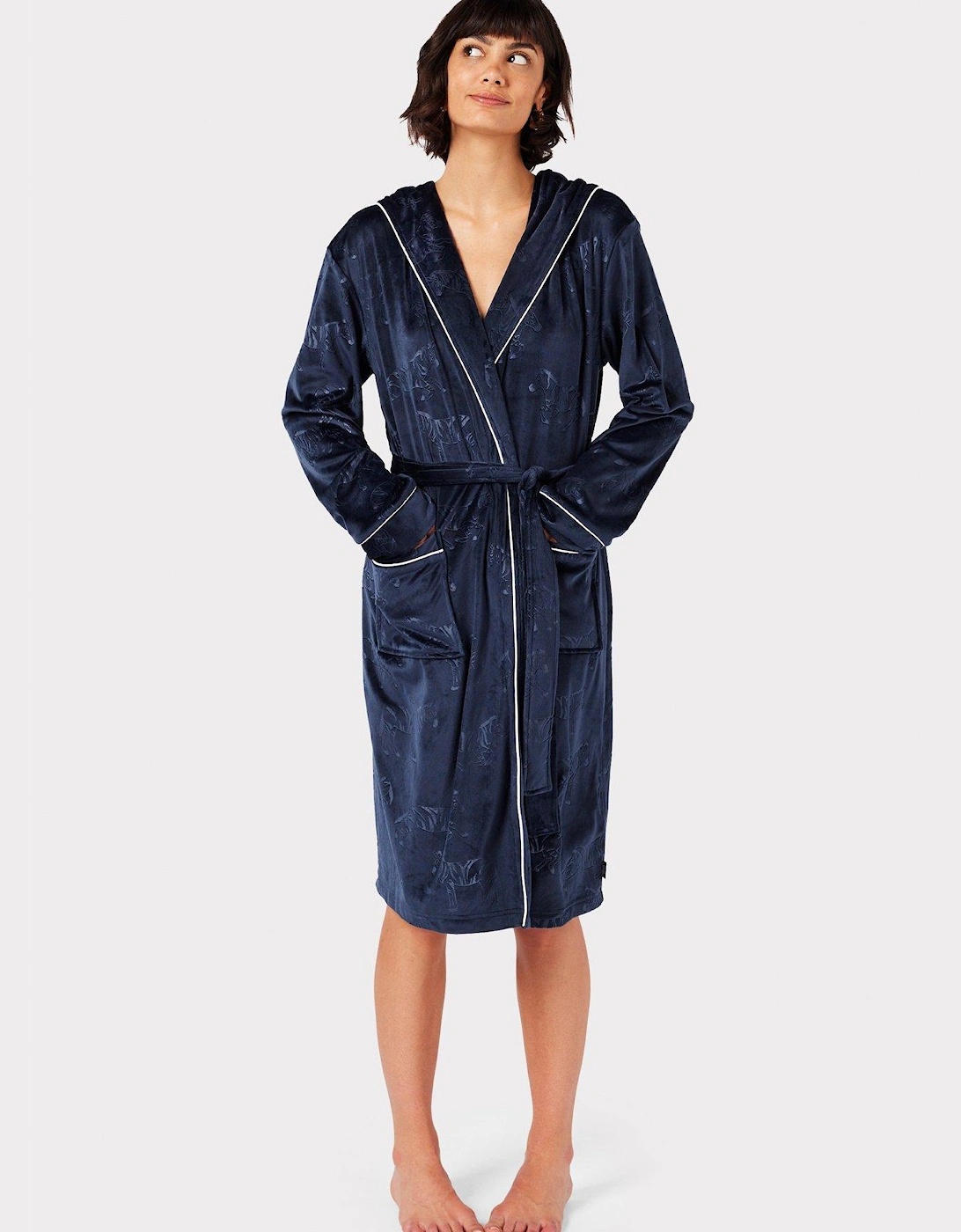 Velour Hooded Dressing Gown - Navy, 2 of 1