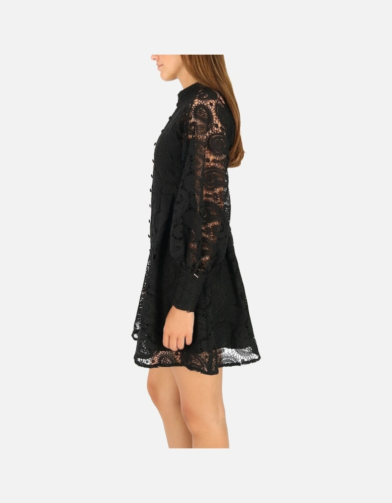Noto Eyelash Lace Button Detail Black Dress