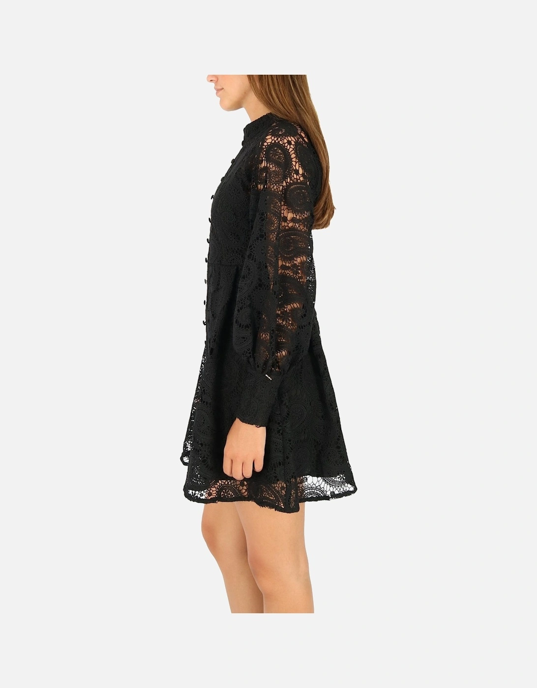 Noto Eyelash Lace Button Detail Black Dress