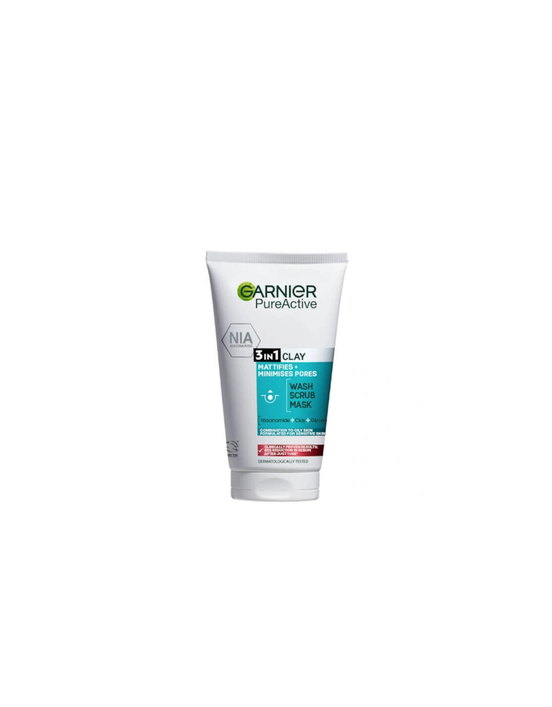 Pure Active 3in1 Clay Wash Scrub Mask Oily Skin 50ml - Garnier