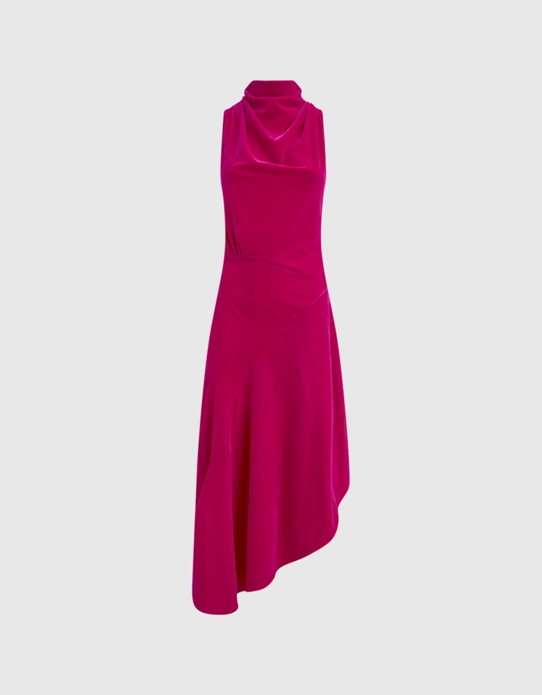 Velvet Funnel Neck Asymmetric Midi Dress
