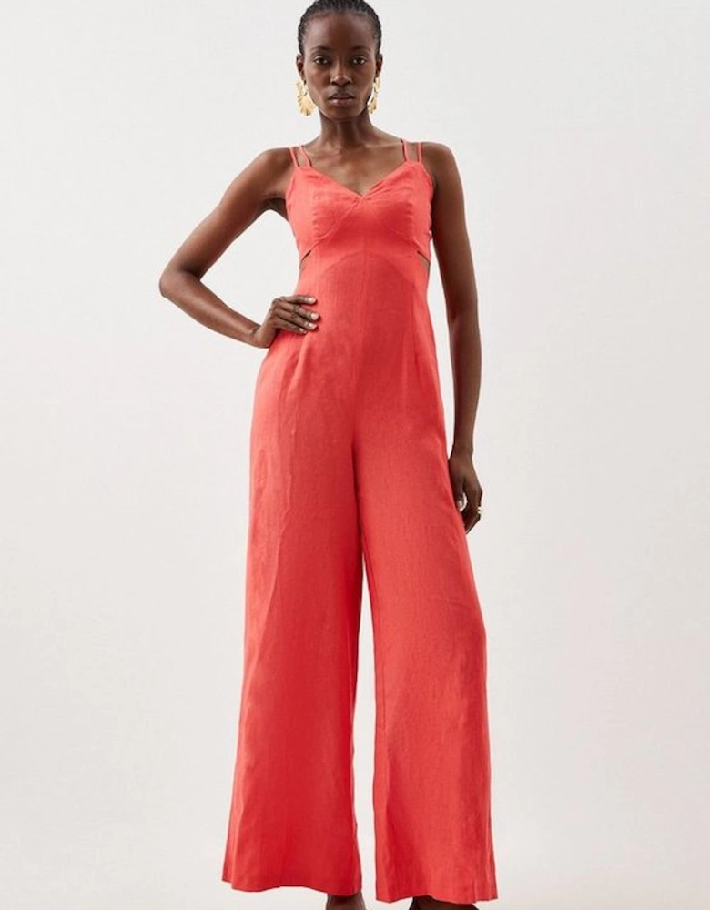 Tailored Linen Strappy Cut Out Detail Wide Leg Jumpsuit