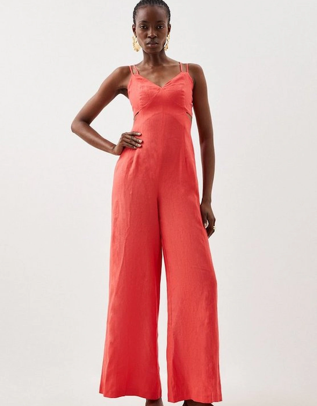 Tailored Linen Strappy Cut Out Detail Wide Leg Jumpsuit, 5 of 4
