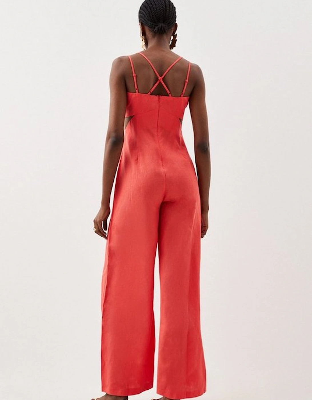 Tailored Linen Strappy Cut Out Detail Wide Leg Jumpsuit