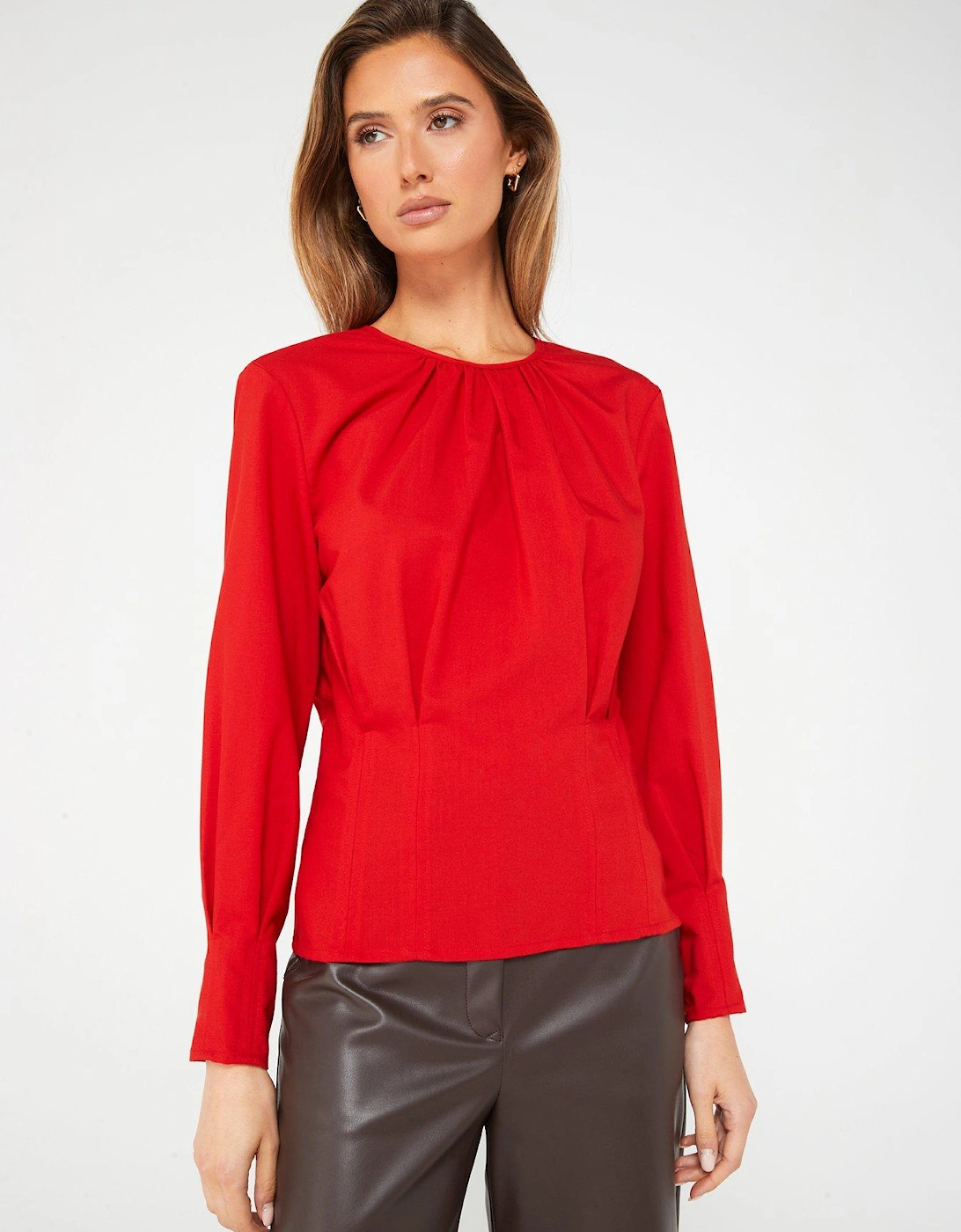 Long Sleeve Gathered Neck Corset Blouse - Red, 7 of 6