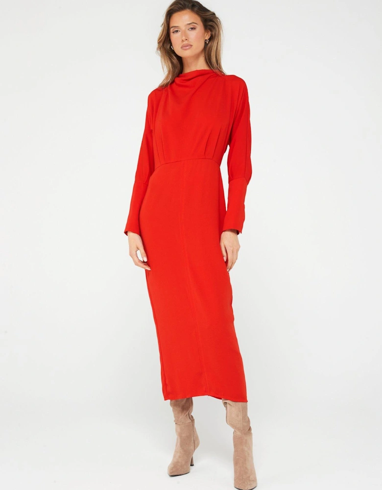 Cowl Neck Column Dress - Red