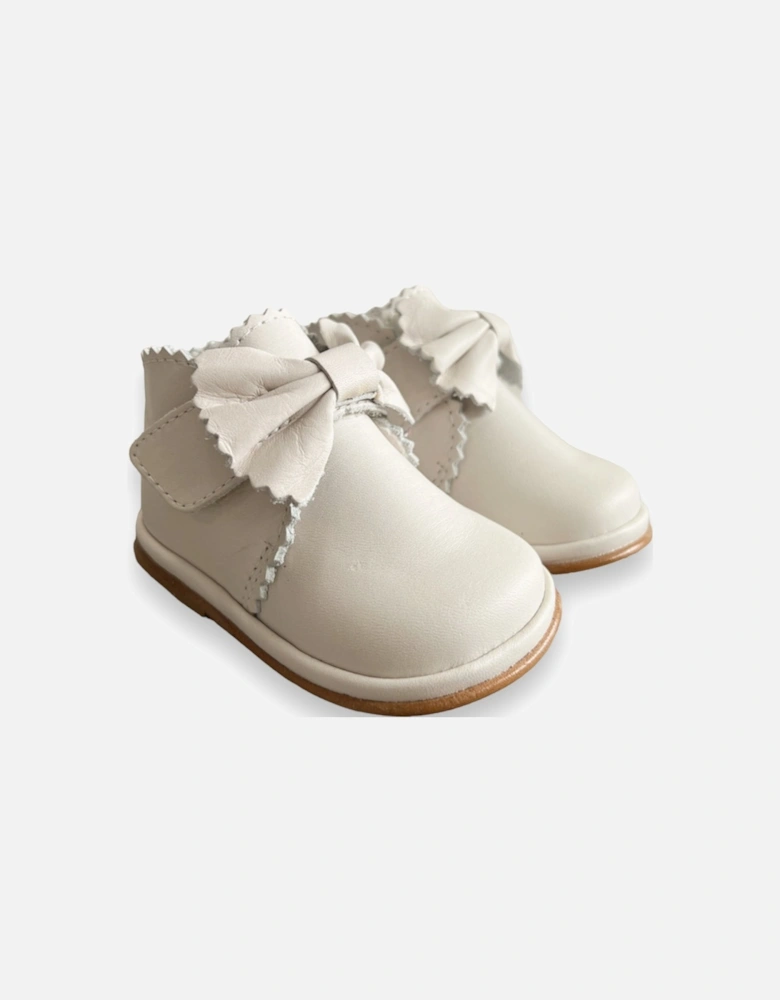 Sharon Beige Leather Velcro Boot with Bow